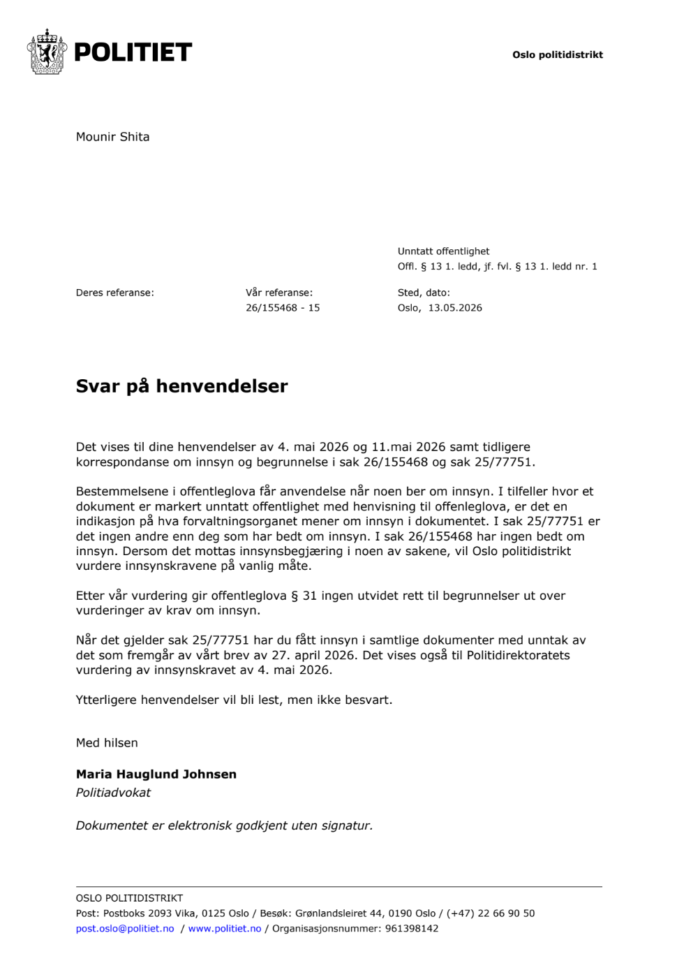 Oslo Police letter — exempt from public disclosure